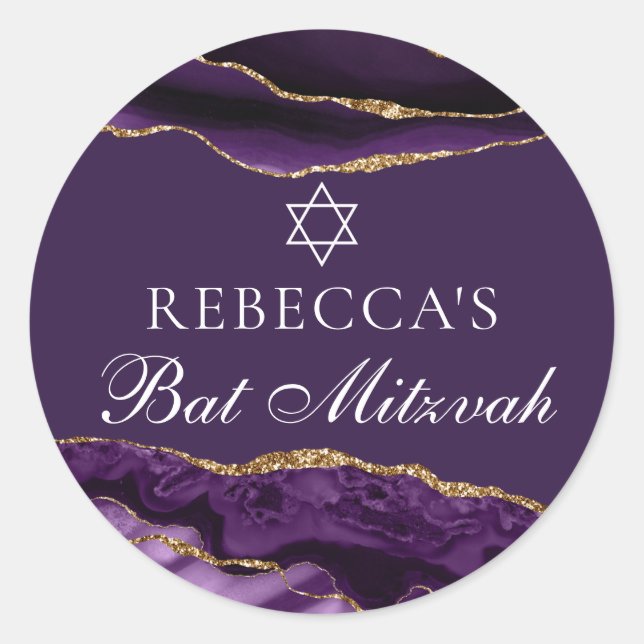 Chic Purple Gold Bat Mitzvah Party Personalised Classic Round Sticker (Front)