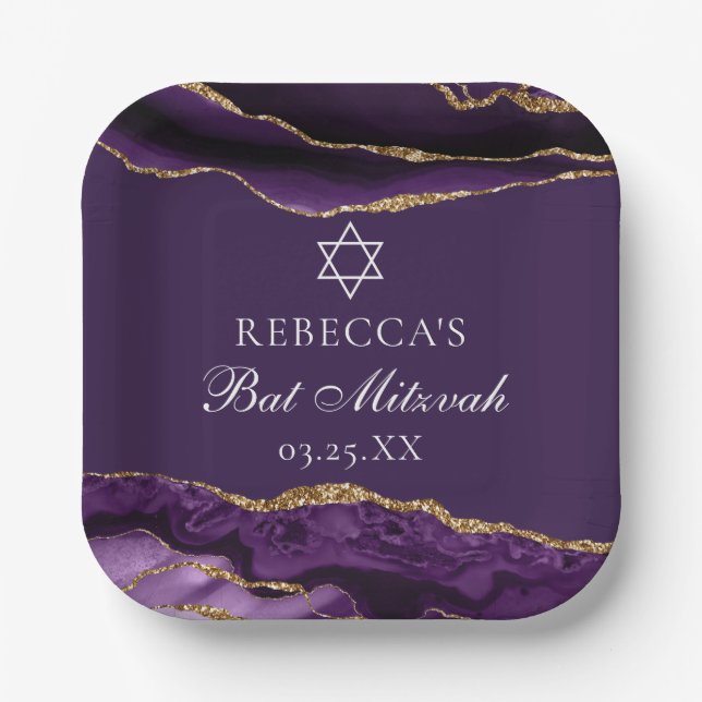 Chic Purple Gold Bat Mitzvah Party Personalised Paper Plate (Front)