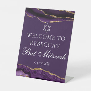 Chic Purple Gold Bat Mitzvah Party Welcome Pedestal Sign