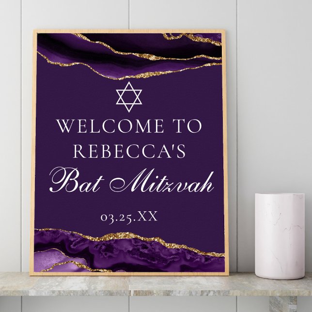 Chic Purple Gold Bat Mitzvah Party Welcome Poster (Creator Uploaded)