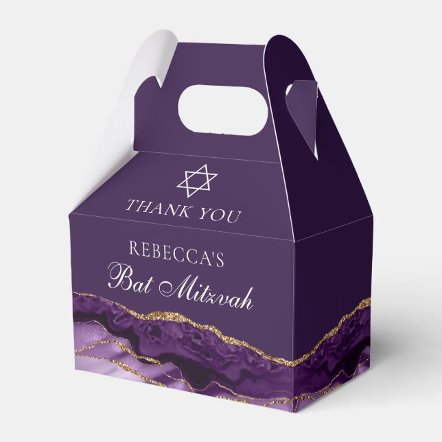 Chic Purple Gold Bat Mitzvah Personalised Party Favour Box (Front Side)