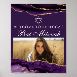 Chic Purple Gold Bat Mitzvah Photo Party Welcome Poster