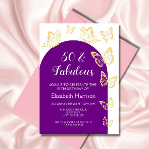 Chic Purple Gold Butterfly Fabulous Birthday Invitation