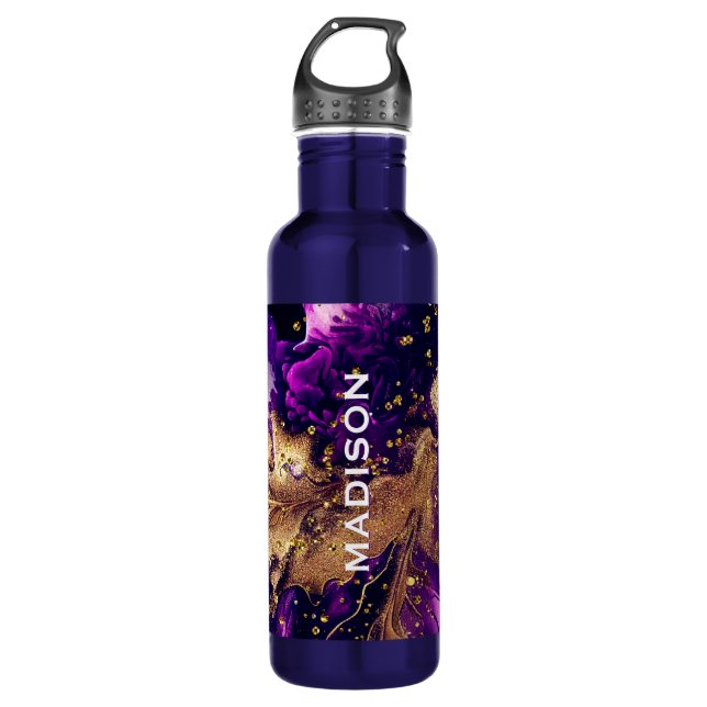 Chic purple gold faux glitter marbling monogram 710 ml water bottle (Front)