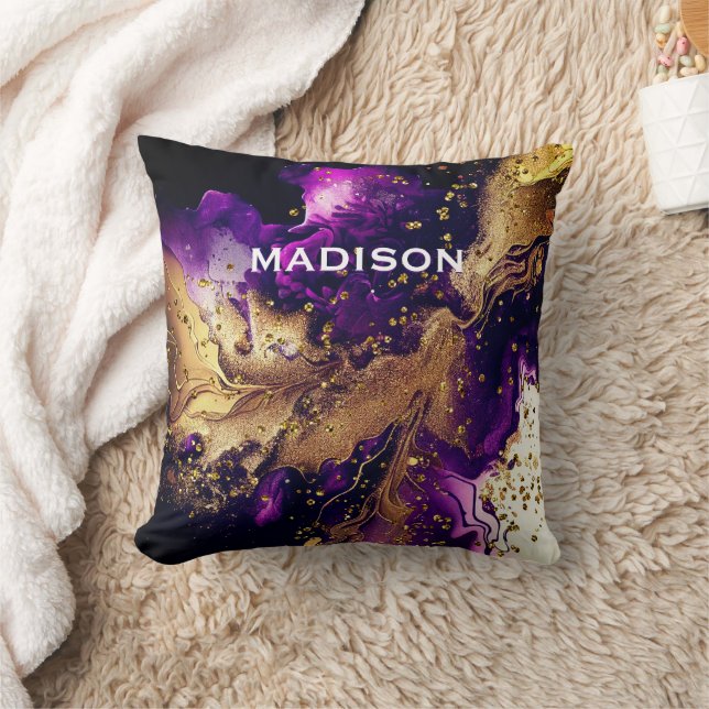 Chic purple gold faux glitter marbling monogram cushion (Blanket)