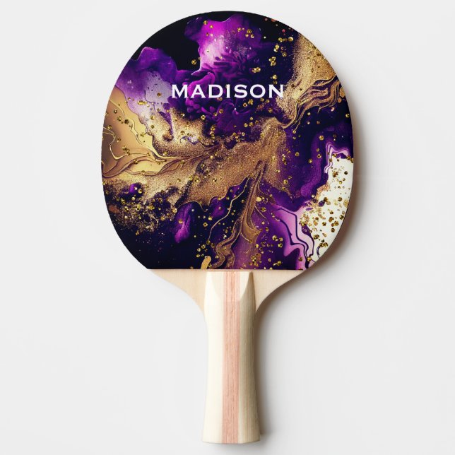 Chic purple gold faux glitter marbling monogram ping pong paddle (Front)