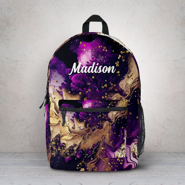 Chic purple gold faux glitter marbling monogram printed backpack (Creator Uploaded)