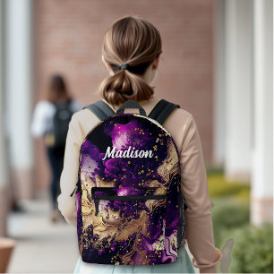 Chic purple gold faux glitter marbling monogram printed backpack