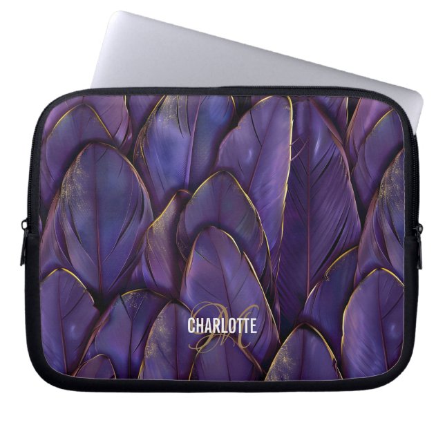 Chic purple gold feathers monogram name laptop sleeve (Front)