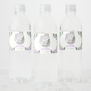 Chic Purple Gold Floral Elephant Baby Shower Favou Water Bottle Label