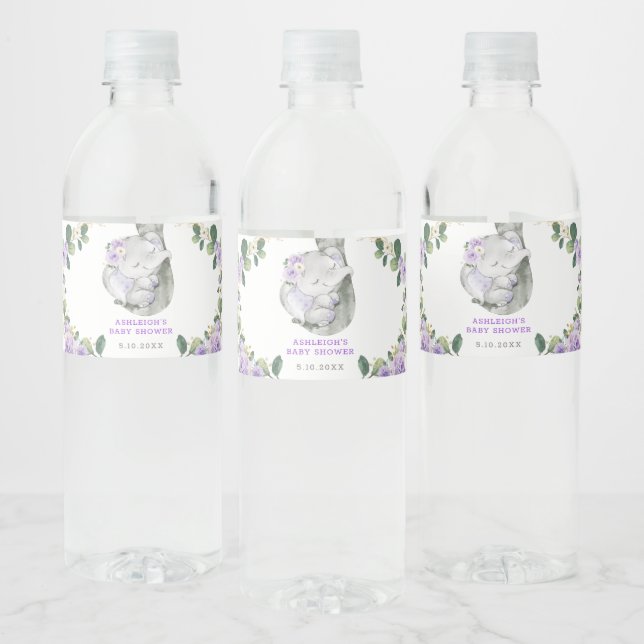 Chic Purple Gold Floral Elephant Baby Shower Favou Water Bottle Label (Bottles)