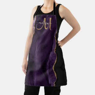Chic Purple Gold Glitter Agate Custom Monogram Apron
