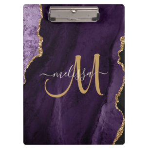 Chic Purple Gold Glitter Agate Custom Monogram Clipboard