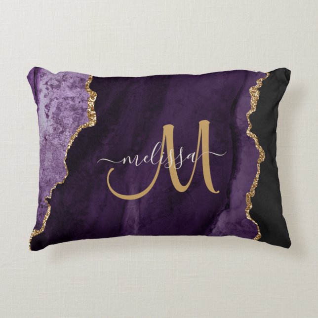 Chic Purple Gold Glitter Agate Custom Monogram Decorative Cushion (Front)