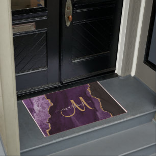 Chic Purple Gold Glitter Agate Custom Monogram Doormat