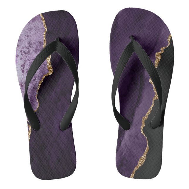 Chic Purple Gold Glitter Agate Custom Monogram Flip Flops (Footbed)
