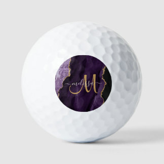 Chic Purple Gold Glitter Agate Custom Monogram Golf Balls