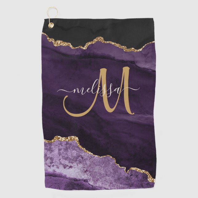 Chic Purple Gold Glitter Agate Custom Monogram Golf Towel (Front)