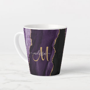Chic Purple Gold Glitter Agate Custom Monogram Latte Mug