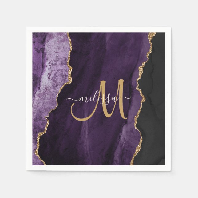 Chic Purple Gold Glitter Agate Custom Monogram Napkin (Front)