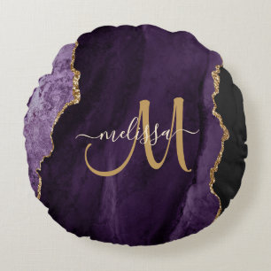 Chic Purple Gold Glitter Agate Custom Monogram Round Cushion