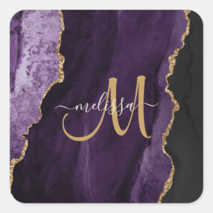 Chic Purple Gold Glitter Agate Custom Monogram Square Sticker