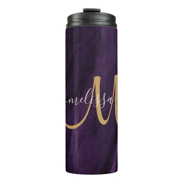 Chic Purple Gold Glitter Agate Custom Monogram Thermal Tumbler (Front)