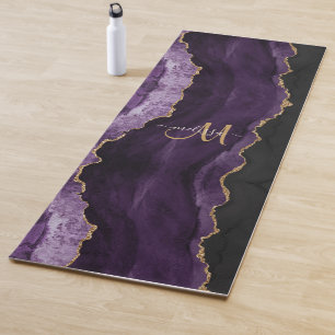 Chic Purple Gold Glitter Agate Custom Monogram Yoga Mat