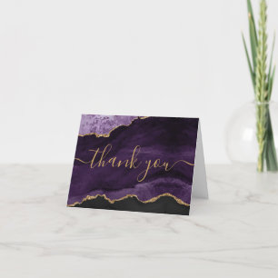 Chic Purple Gold Glitter Agate Monogram Thank You Card