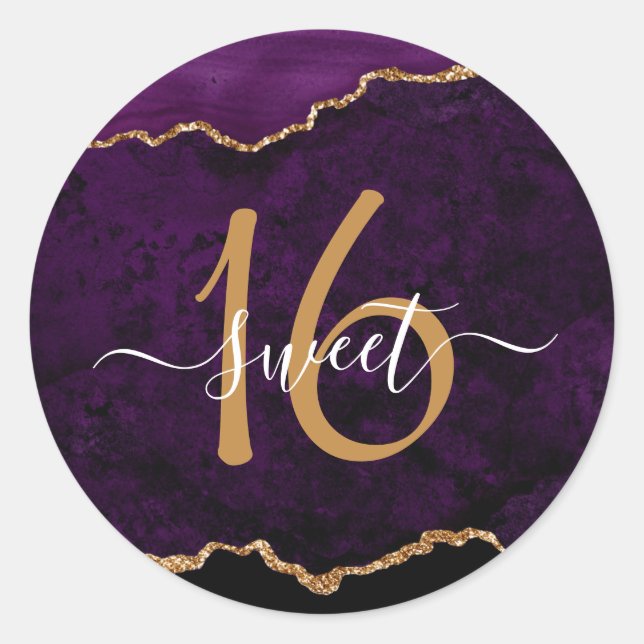 Chic Purple Gold Glitter Agate Sweet 16 Party Classic Round Sticker (Front)