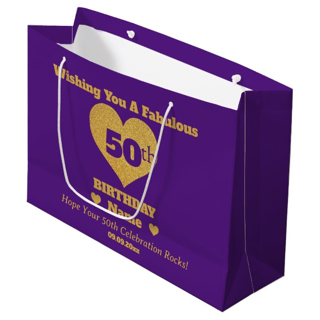 Chic Purple & Gold Glitter Hearts 50th Birthday  Large Gift Bag (Front Angled)