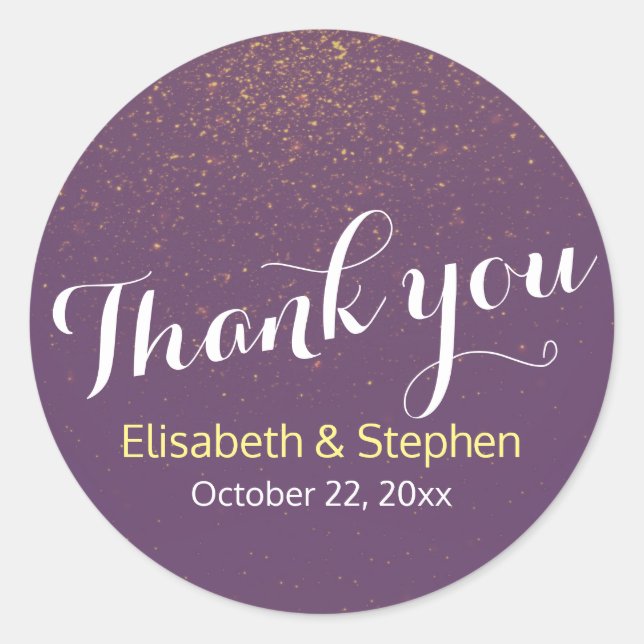 Chic Purple Gold Glitter Sparkle Wedding Thank You Classic Round Sticker (Front)