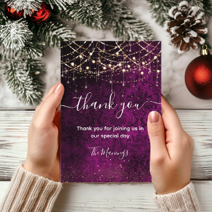 Chic purple gold holiday lights thank you card