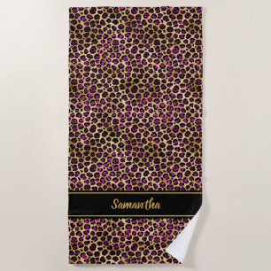 Chic Purple Gold Leopard Print Personalised Beach Towel