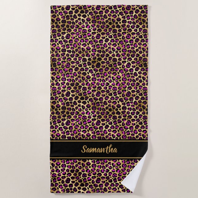 Chic Purple Gold Leopard Print Personalised Beach Towel (Front)