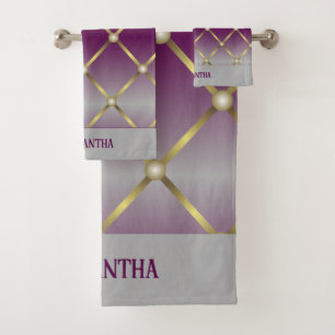 Chic Purple Gray And Gold Mesh Geometric Bath Towel Set
