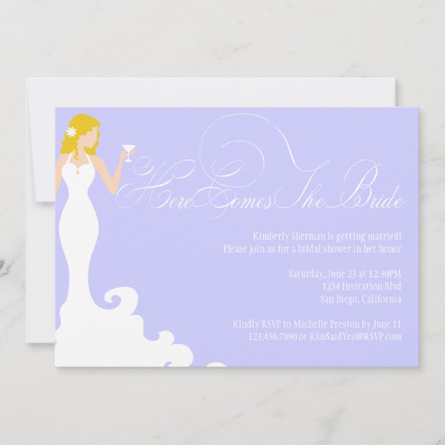 Chic Purple Here Comes the Bride Shower Invite (Front)