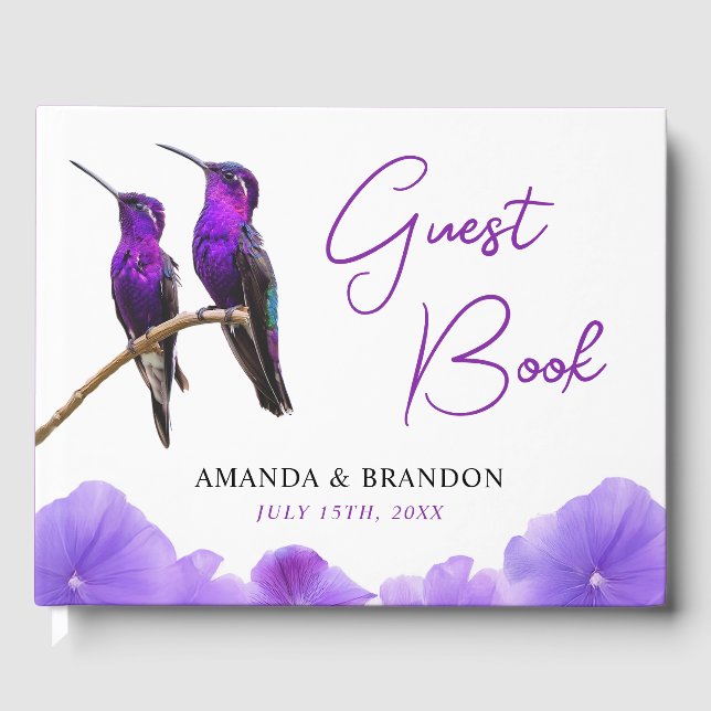 Chic Purple Hummingbirds and Petals Wedding Guest Book (Front)