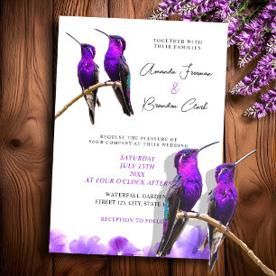 Chic Purple Hummingbirds and Petals Wedding Invitation