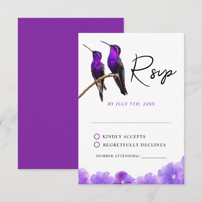 Chic Purple Hummingbirds and Petals Wedding RSVP Card (Front/Back)