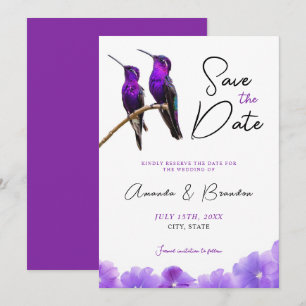 Chic Purple Hummingbirds and Petals Wedding Save The Date