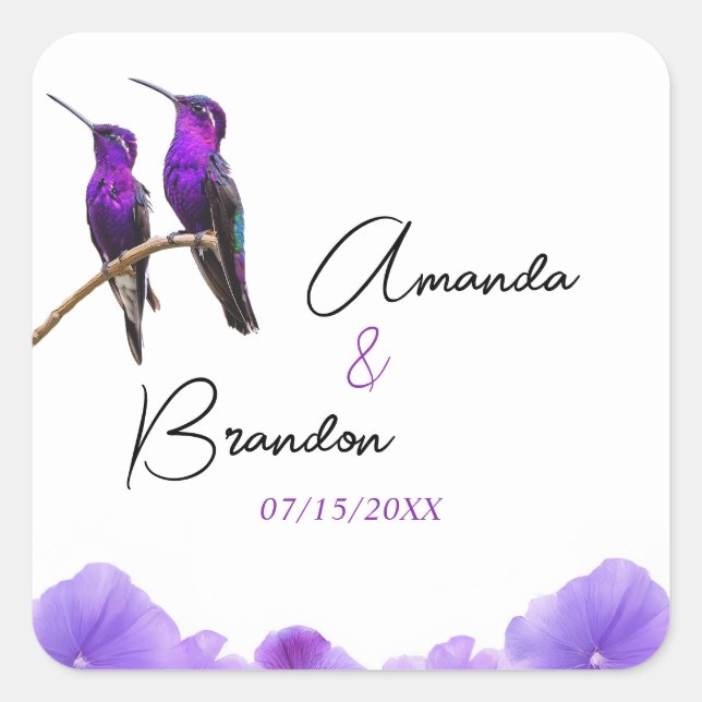 Chic Purple Hummingbirds and Petals Wedding Square Sticker (Front)