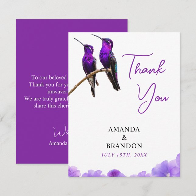 Chic Purple Hummingbirds and Petals Wedding Thank You Card (Front/Back)