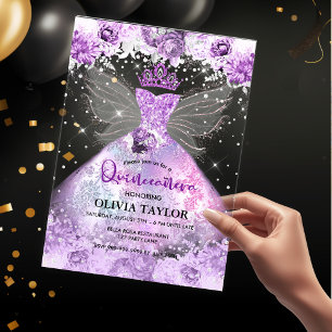 Chic purple lavender dress floral Quinceanera Acrylic Invitations