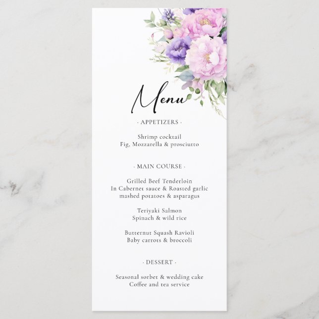 Chic Purple Lavender Pink Violet Floral Wedding Menu (Front)