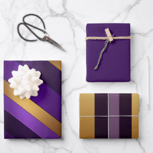 Chic Purple, Lilac, and Gold Striped  Wrapping Paper Sheet