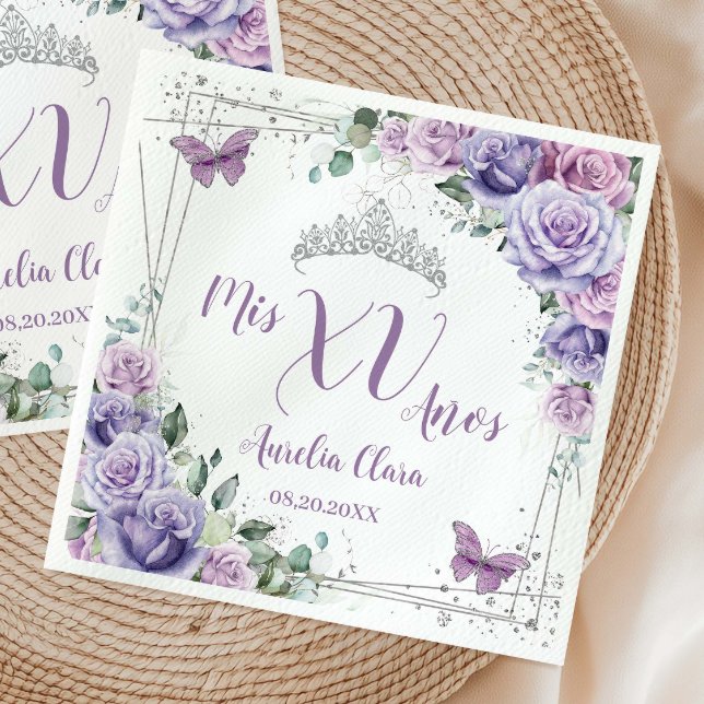 Chic Purple Lilac Floral Butterflies Quinceañera Napkin (Creator Uploaded)