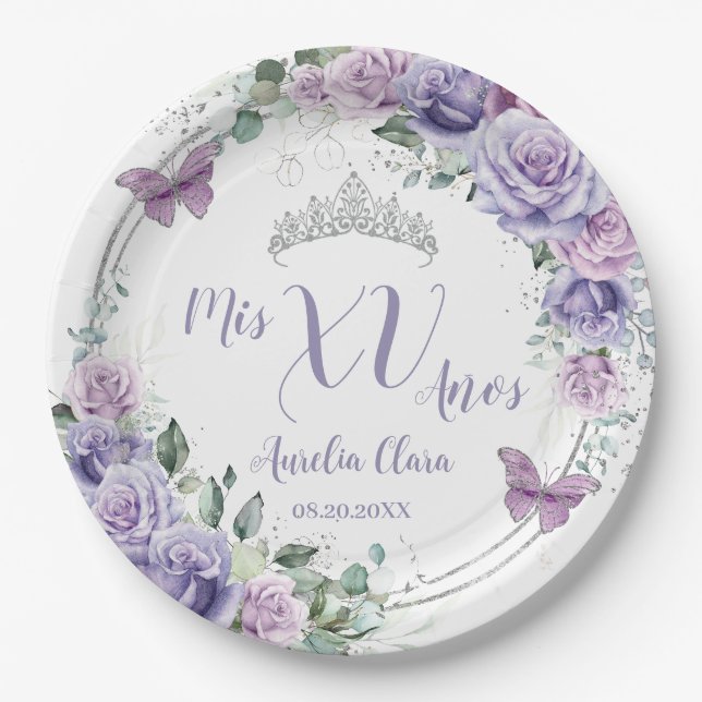 Chic Purple Lilac Floral Butterflies Quinceañera  Paper Plate (Front)