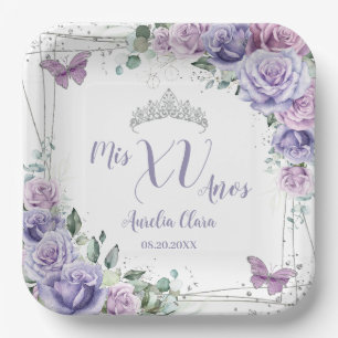 Chic Purple Lilac Floral Butterflies Quinceañera  Paper Plate