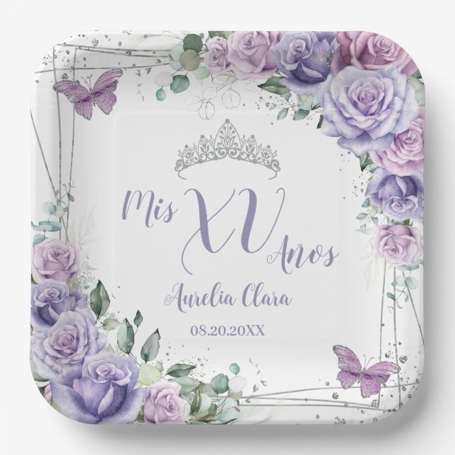 Chic Purple Lilac Floral Butterflies Quinceañera  Paper Plate (Front)